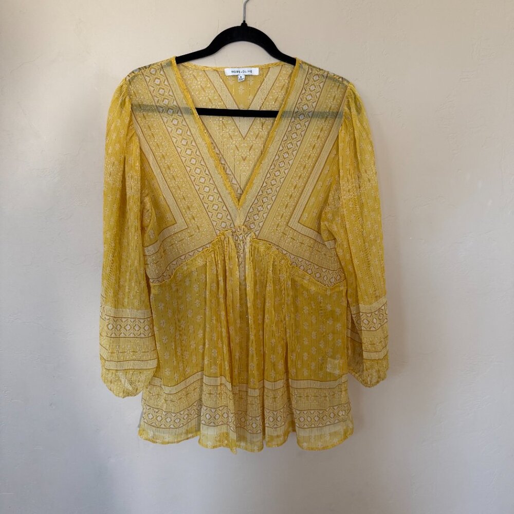 Rose + Olive Yellow Sheer Boho Blouse Flowy Peasant Top Size S - Picture 2 of 6